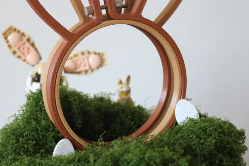 3D printed bunny style hoop close-up in-front bunny lego.