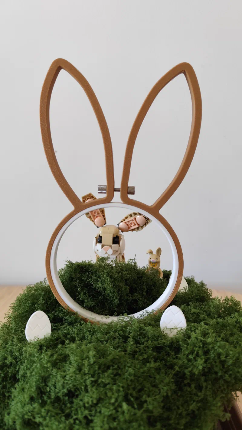 3D printed bunny style hoop close-up in-front bunny lego.