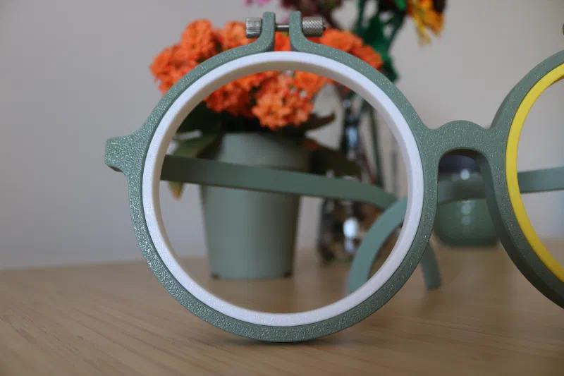 Hoop glasses framing orange flowers.